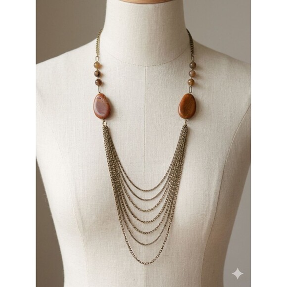 Unbranded Jewelry - Vintage Boho Caramel Marbled Lucite Bead Multi Strand Layered Bib Statement